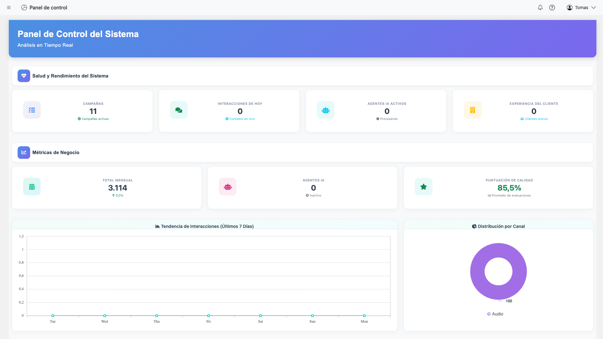 Dashboard principal con navegacion lateral visible