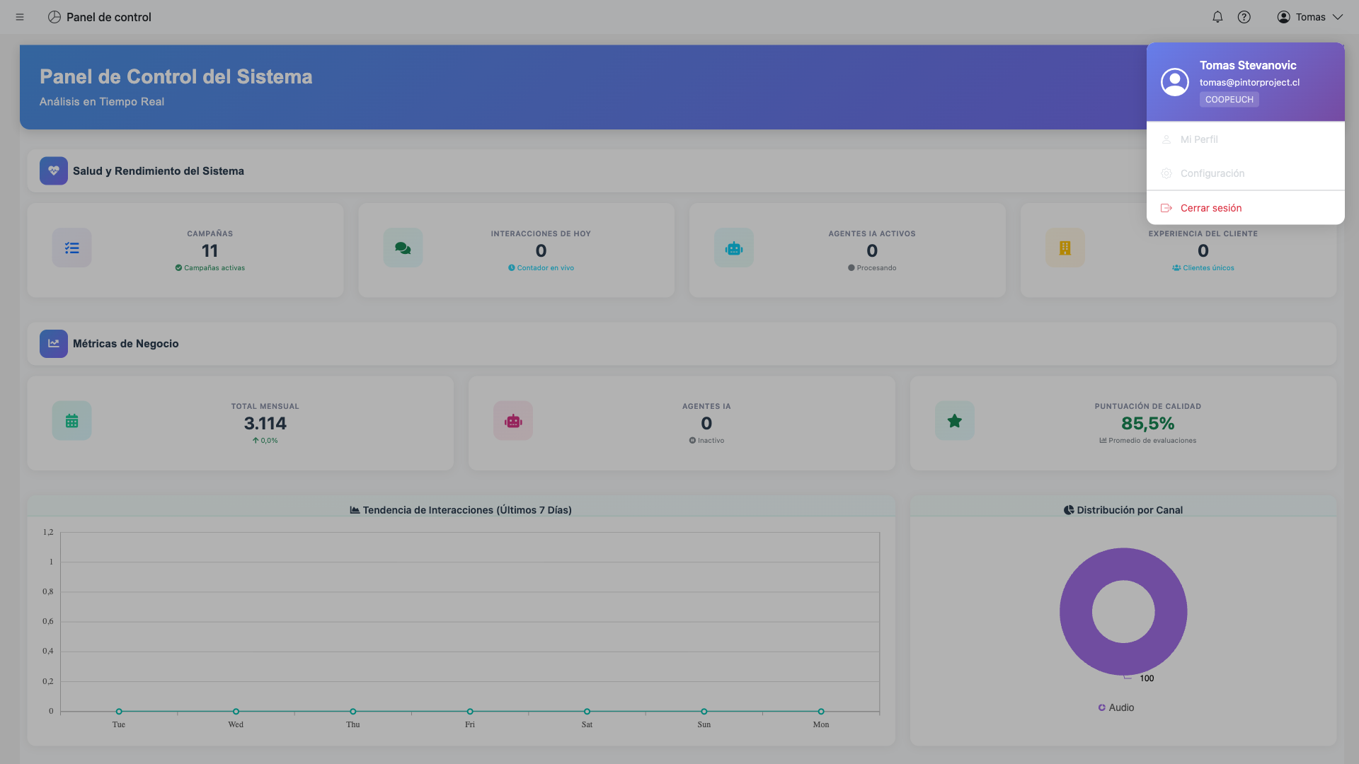Profile dropdown menu open in header